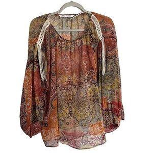 Zara Womens Sheer Print Blouse Size M Orange Western Tassel Festival Chiffon.